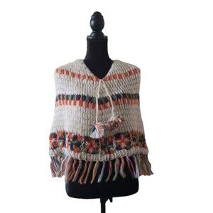 Handmade Nepalese Wool Poncho With Multicolor Fringe